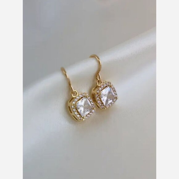 Square CZ Drop Earrings – Gold Plated with Pavé Edge - Picture 1 of 5